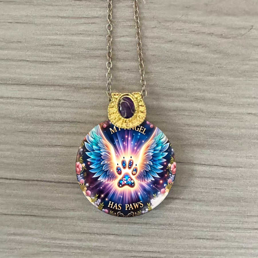 Winged Paw Print Glass Pendant Necklace