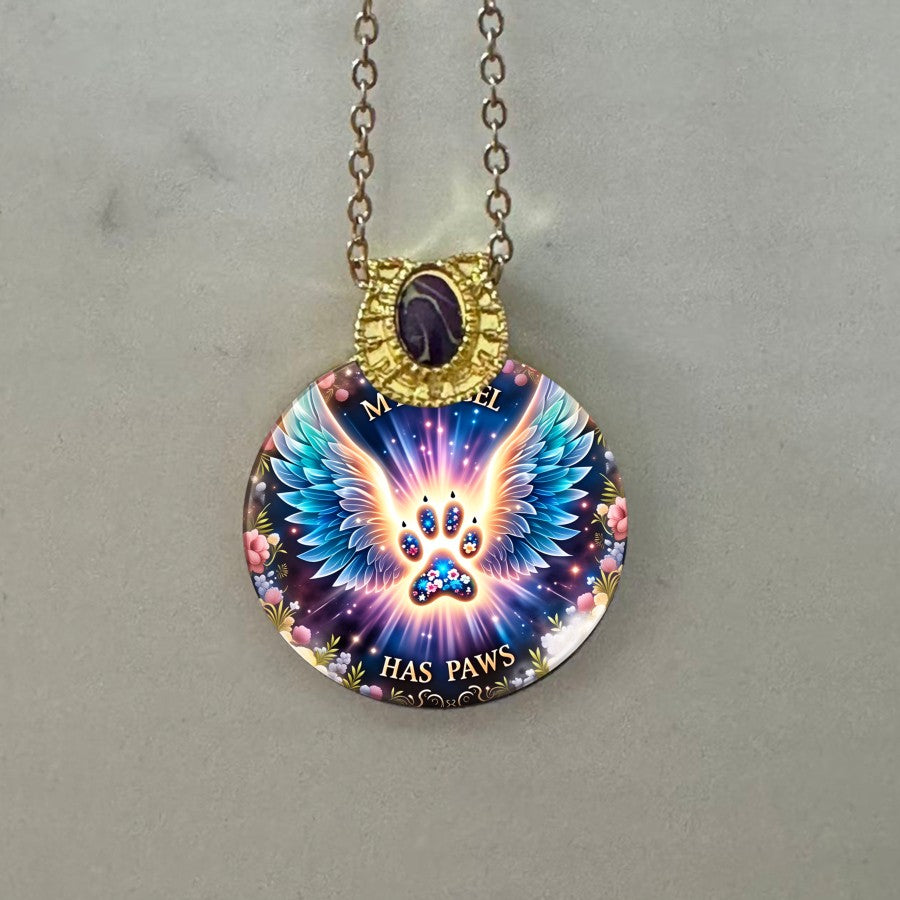 Winged Paw Print Glass Pendant Necklace