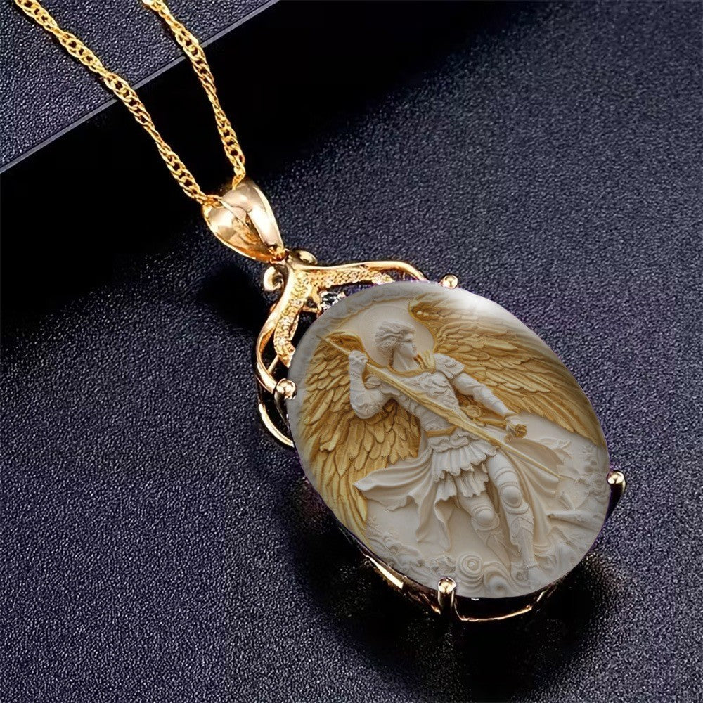 Carved Warrior Angel Oval Necklace