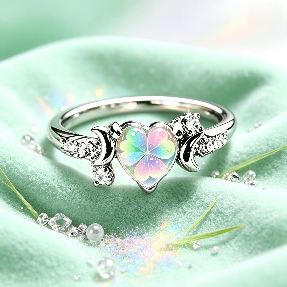 Rainbow Clover Heart Ring