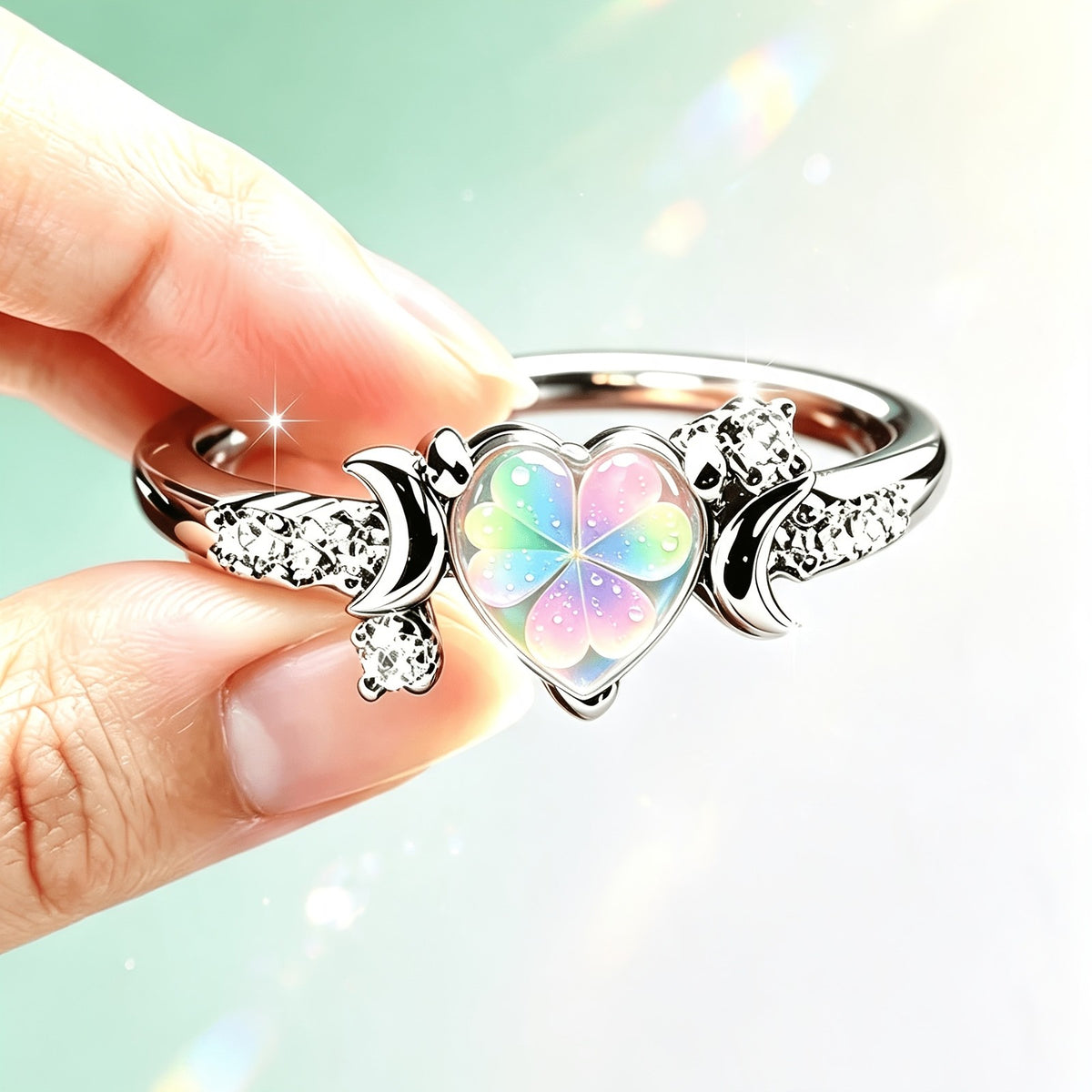 Rainbow Clover Heart Ring