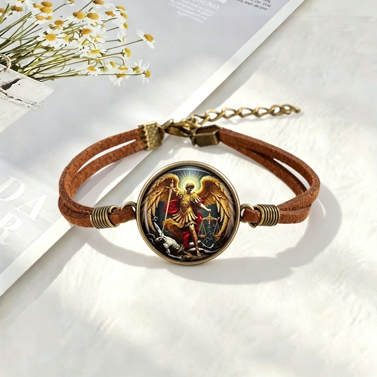 Archangel Sword & Scales Leather Bracelet