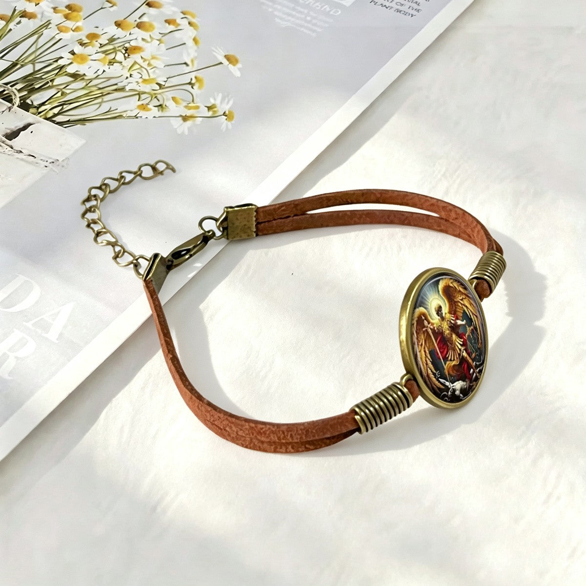 Archangel Sword & Scales Leather Bracelet
