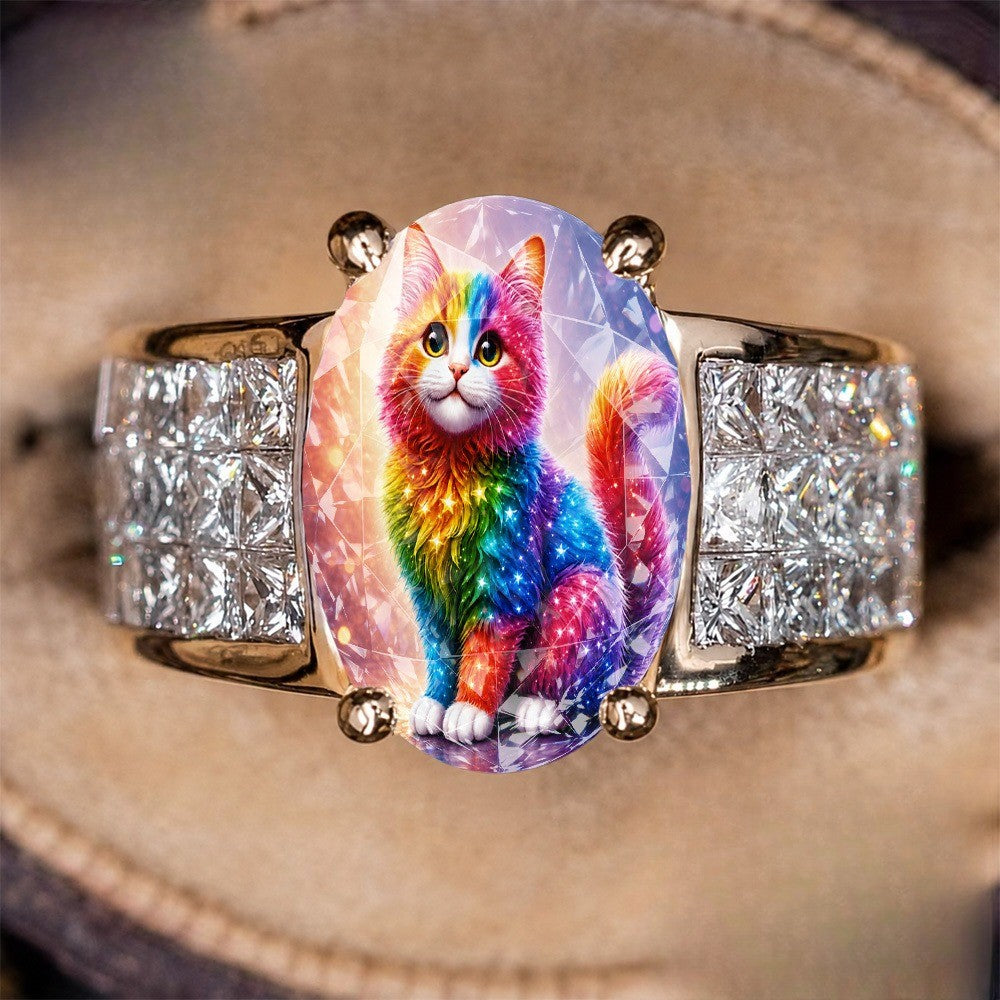 Rainbow Cat Oval Statement Ring