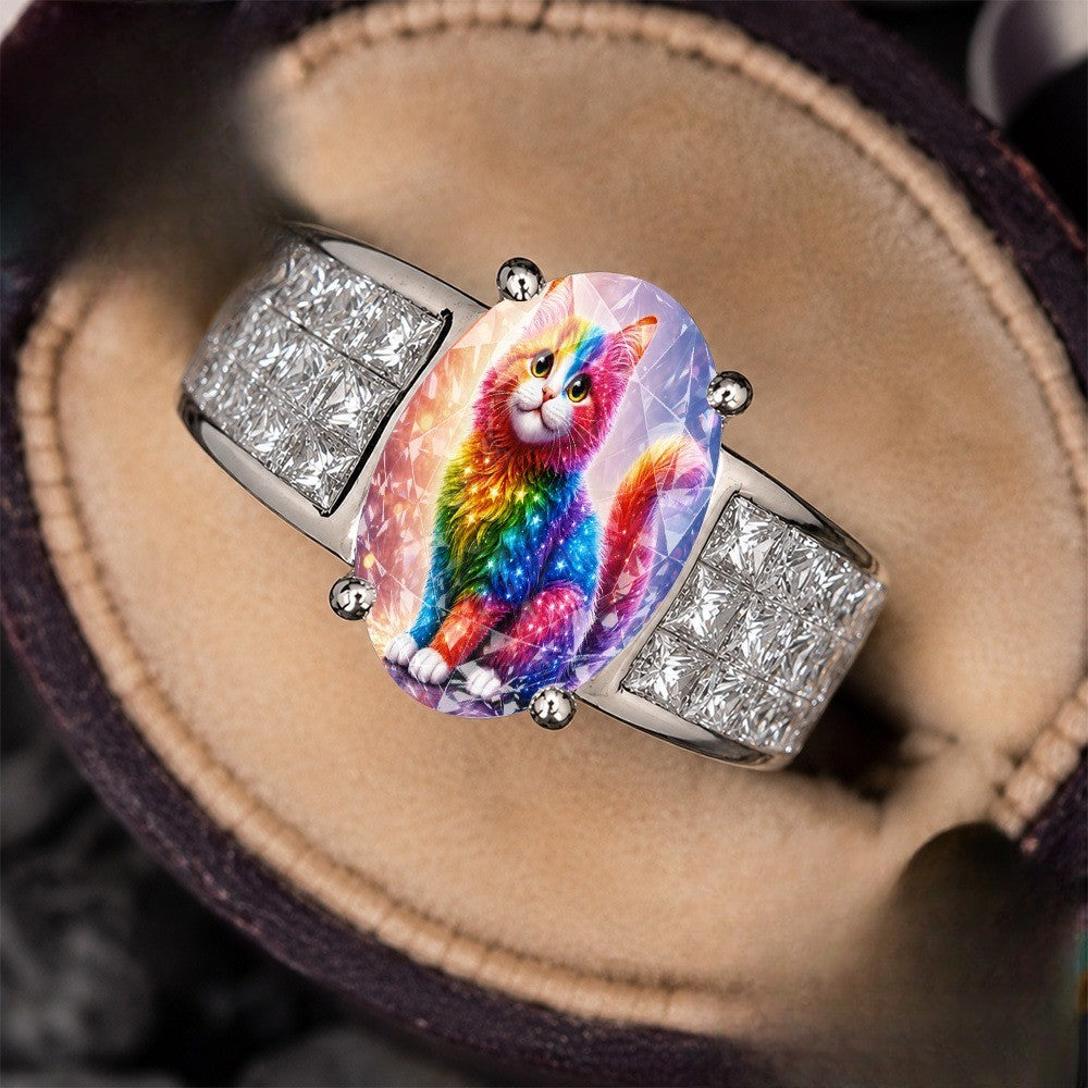 Rainbow Cat Oval Statement Ring