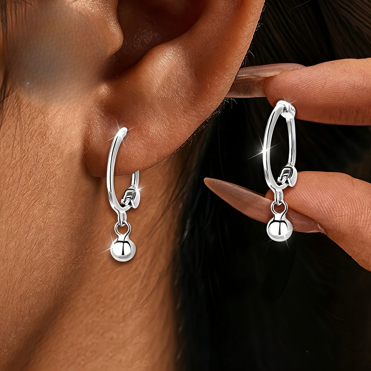 Round Bead Drop Hoop Earrings