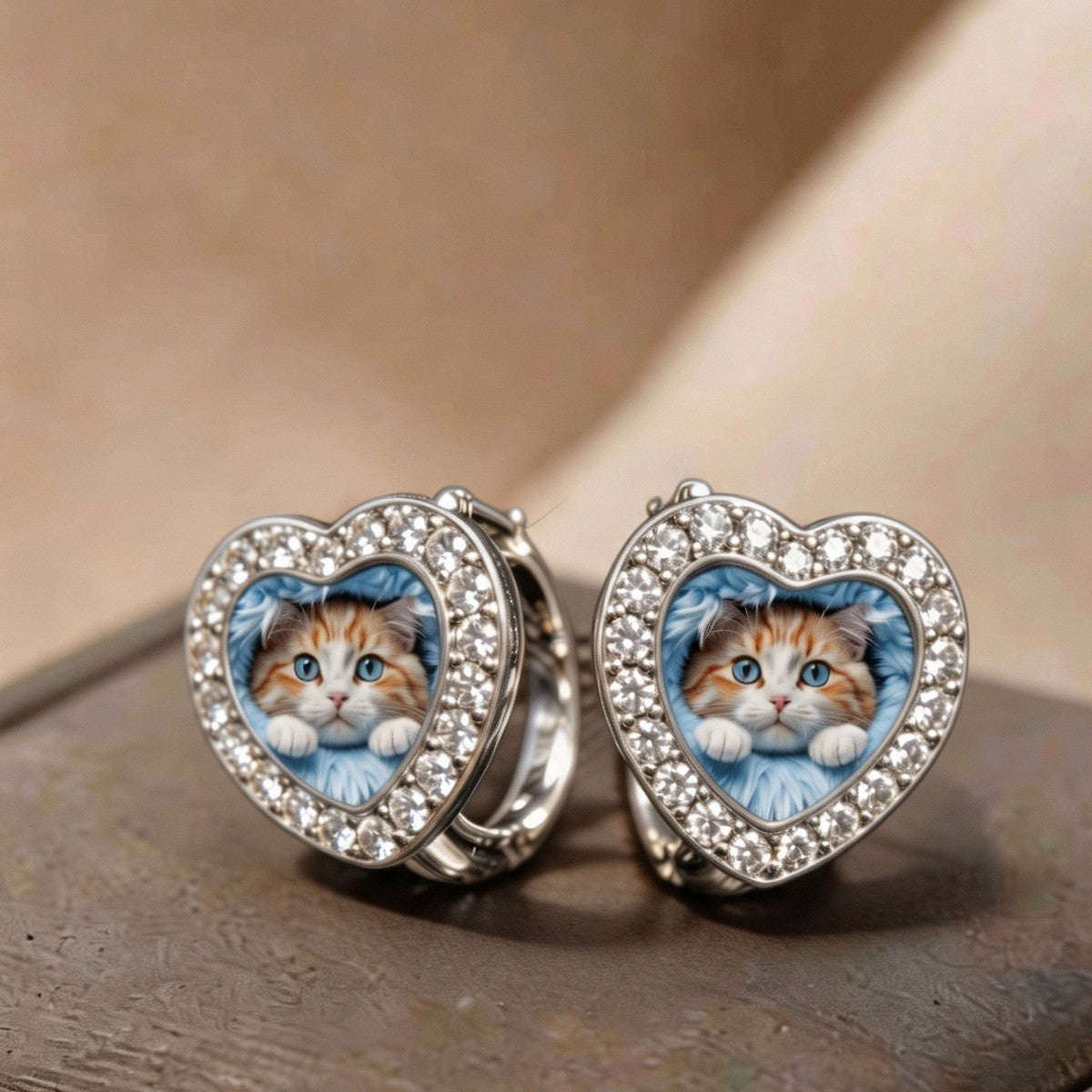 Crystal Kitten Heart Huggie Earrings