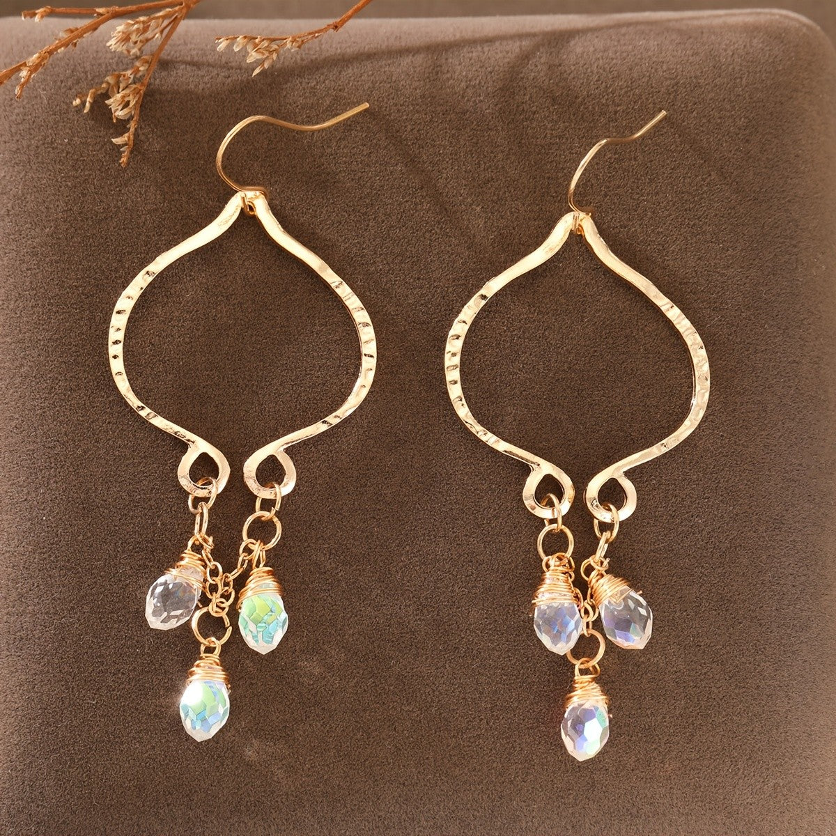 Hammered Wire Wrap Crystal Drop Earrings