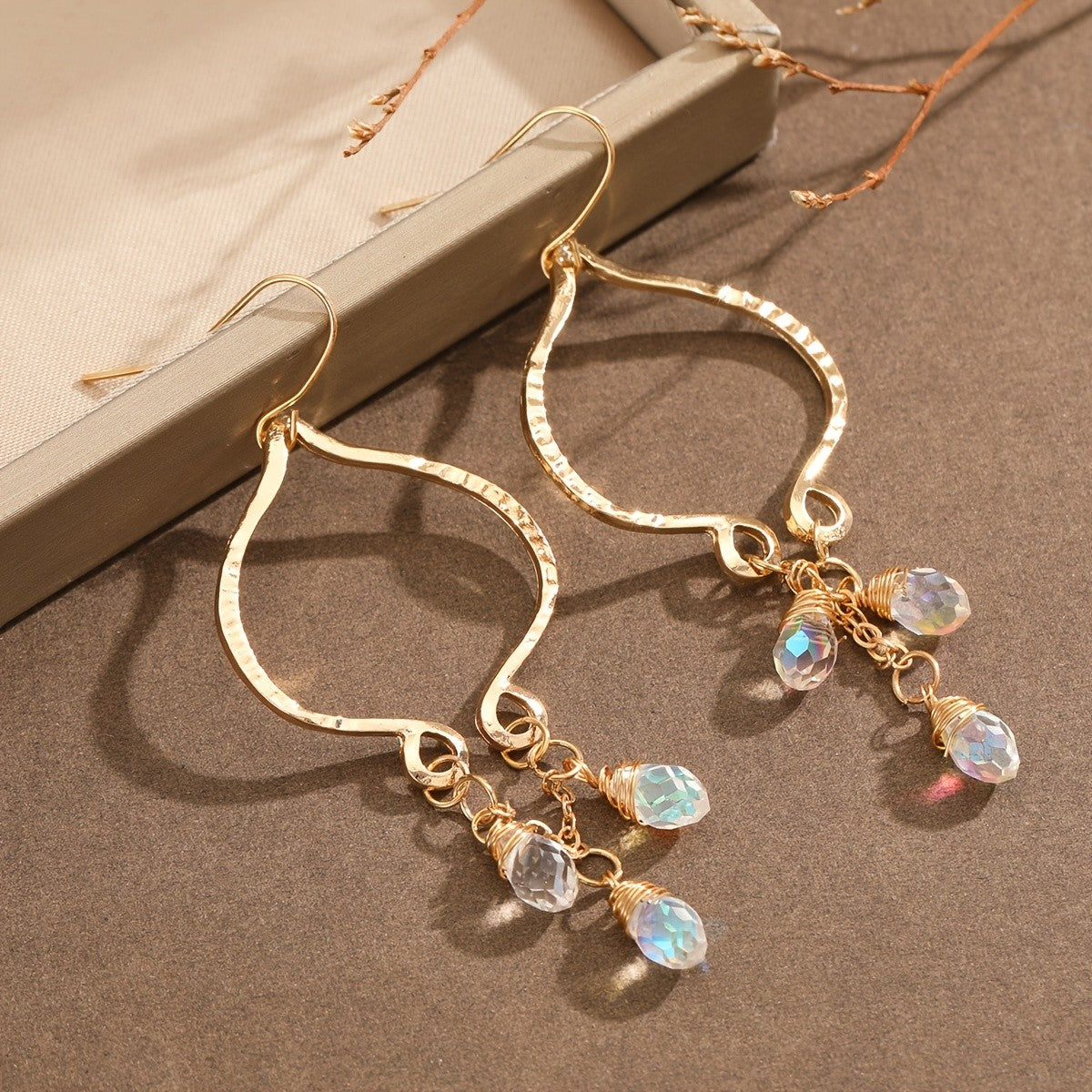 Hammered Wire Wrap Crystal Drop Earrings