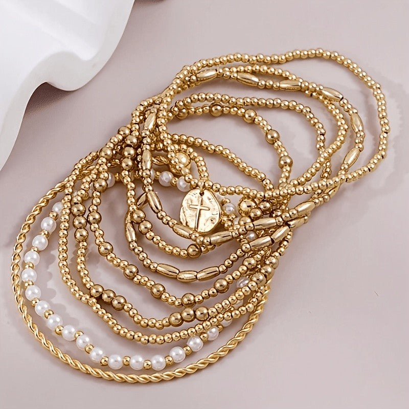 9pc Mixed Bead & Cross Stackable Bracelet Set