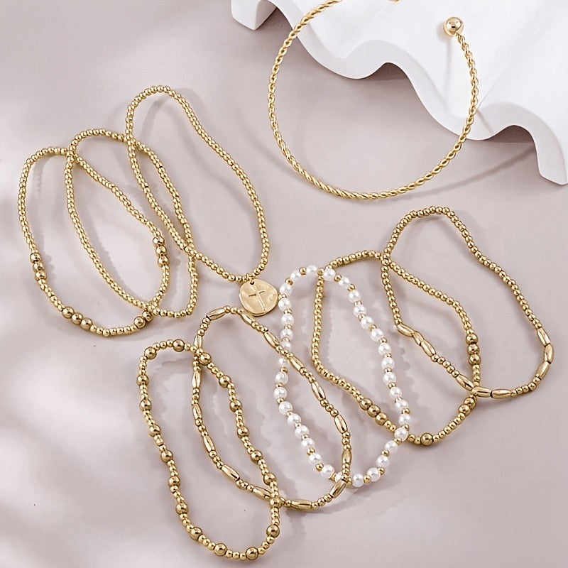 9pc Mixed Bead & Cross Stackable Bracelet Set
