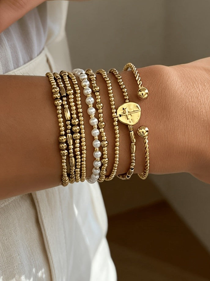 9pc Mixed Bead & Cross Stackable Bracelet Set