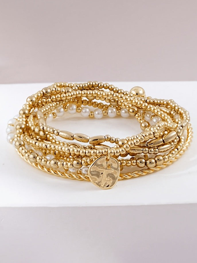 9pc Mixed Bead & Cross Stackable Bracelet Set