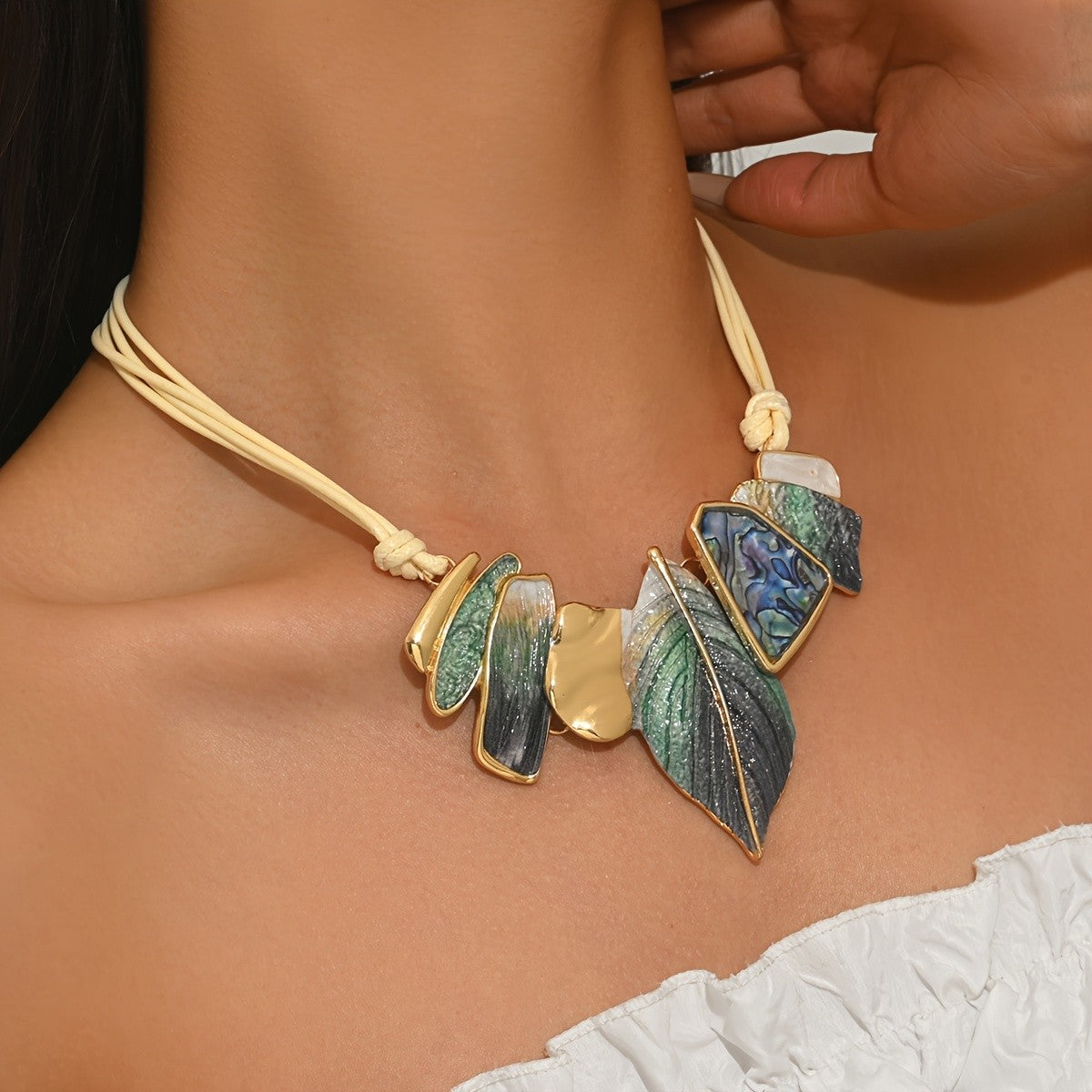 Multicolor Leaf & Geometric Patchwork Necklace