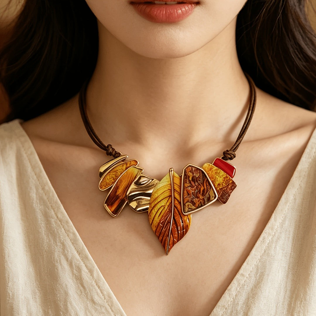 Multicolor Leaf & Geometric Patchwork Necklace