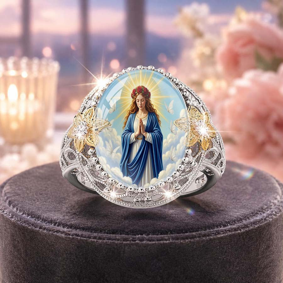 Praying Virgin Mary & Gold Floral Ring