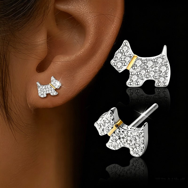White Crystal Dog Stud Earrings