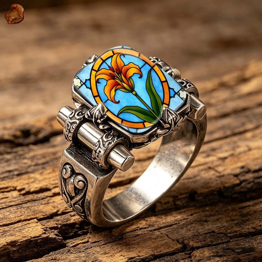 Orange Lily Stained Glass Square Ring