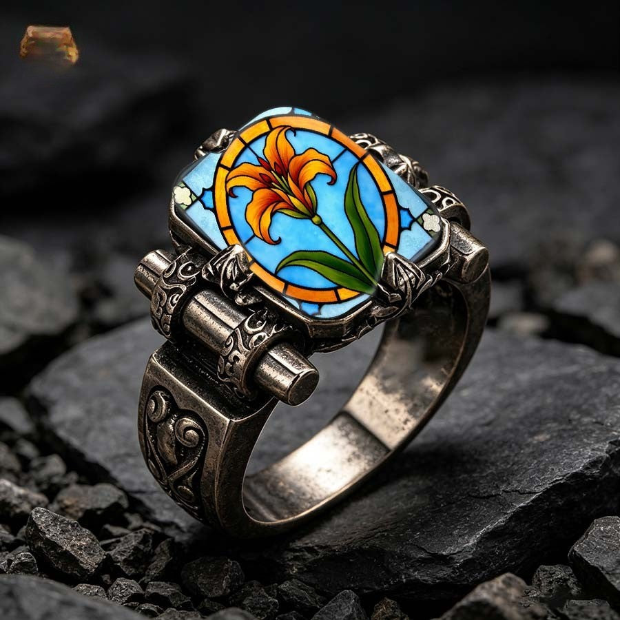 Orange Lily Stained Glass Square Ring