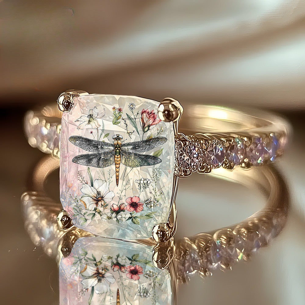 Dragonfly Floral Square Ring