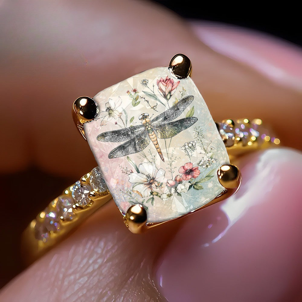 Dragonfly Floral Square Ring