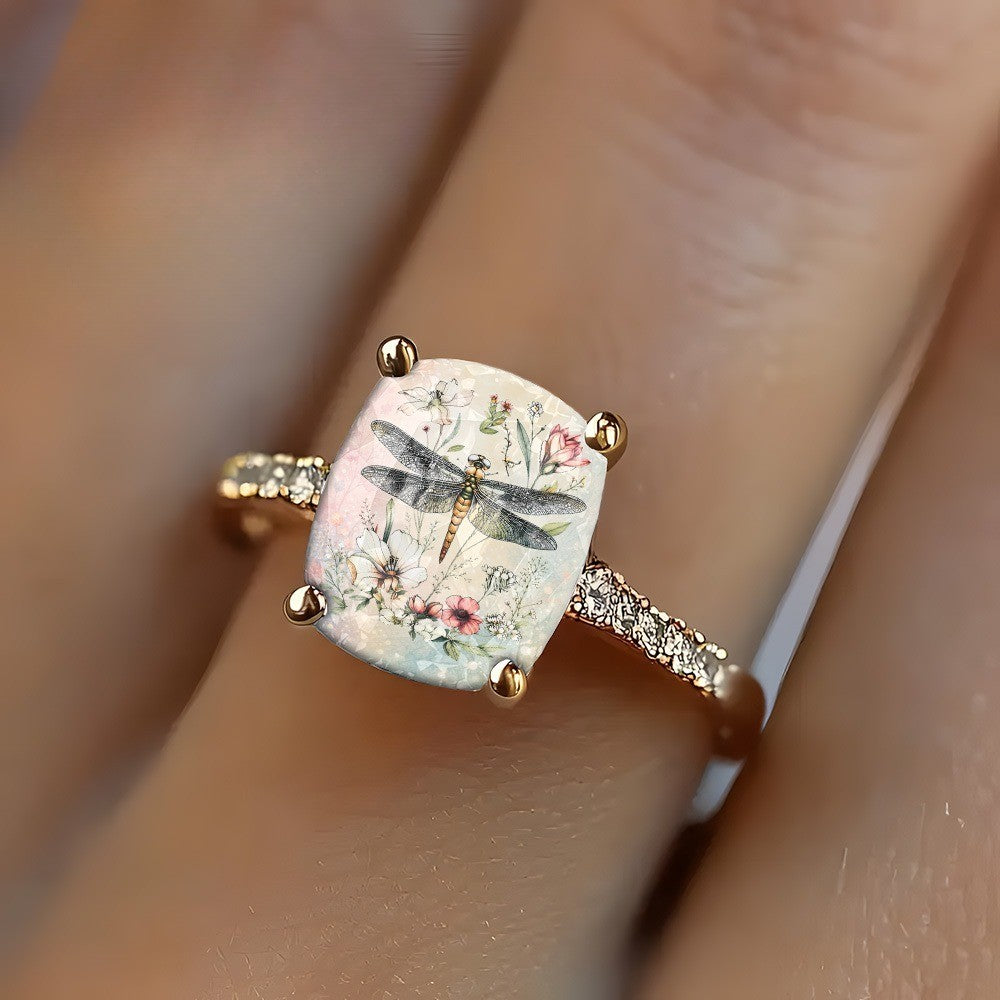 Dragonfly Floral Square Ring