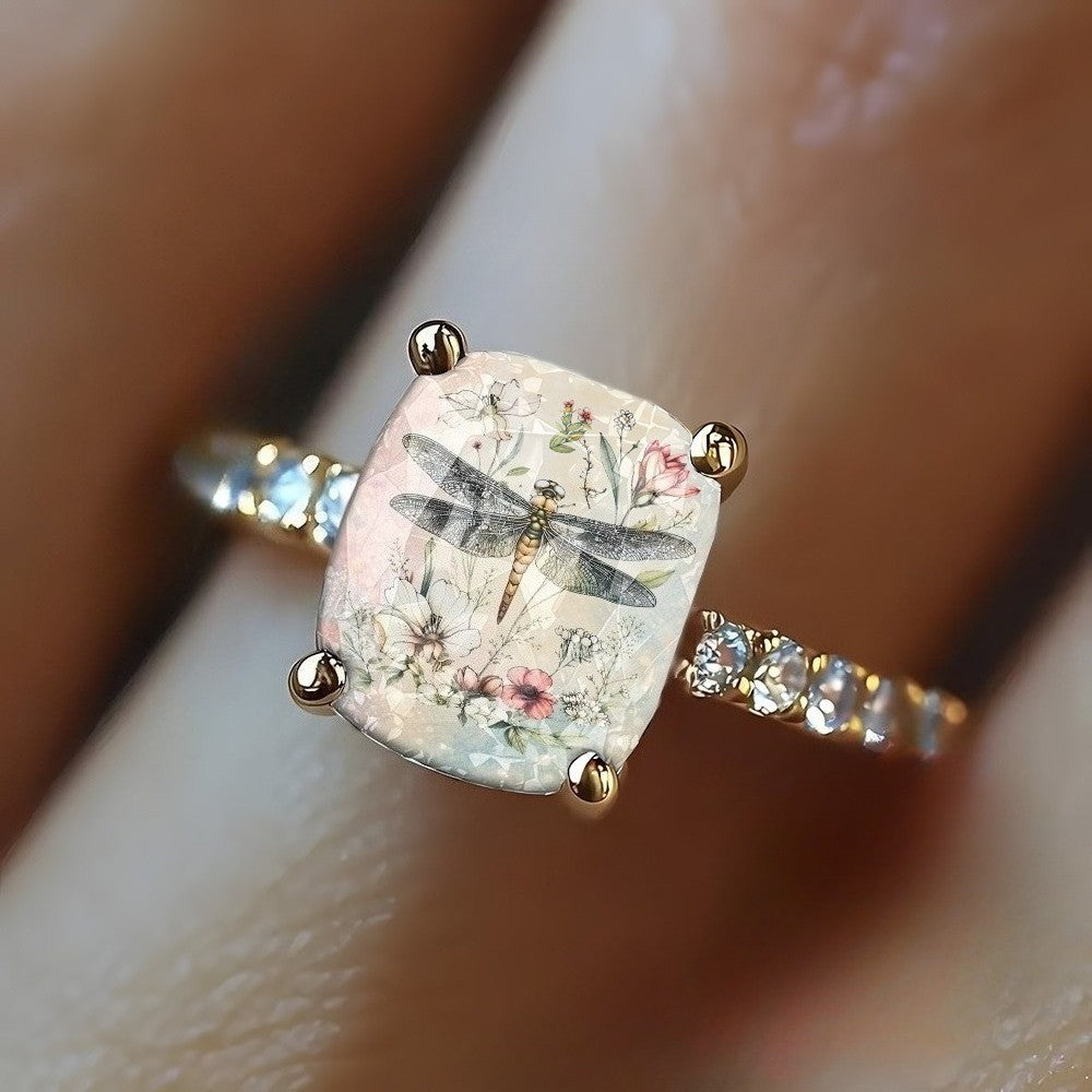 Dragonfly Floral Square Ring