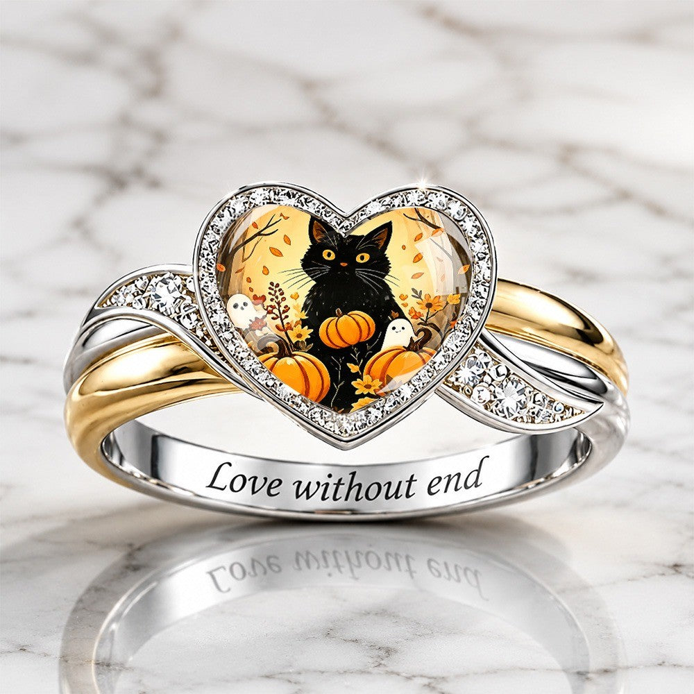 Black Cat Pumpkin Heart Ring