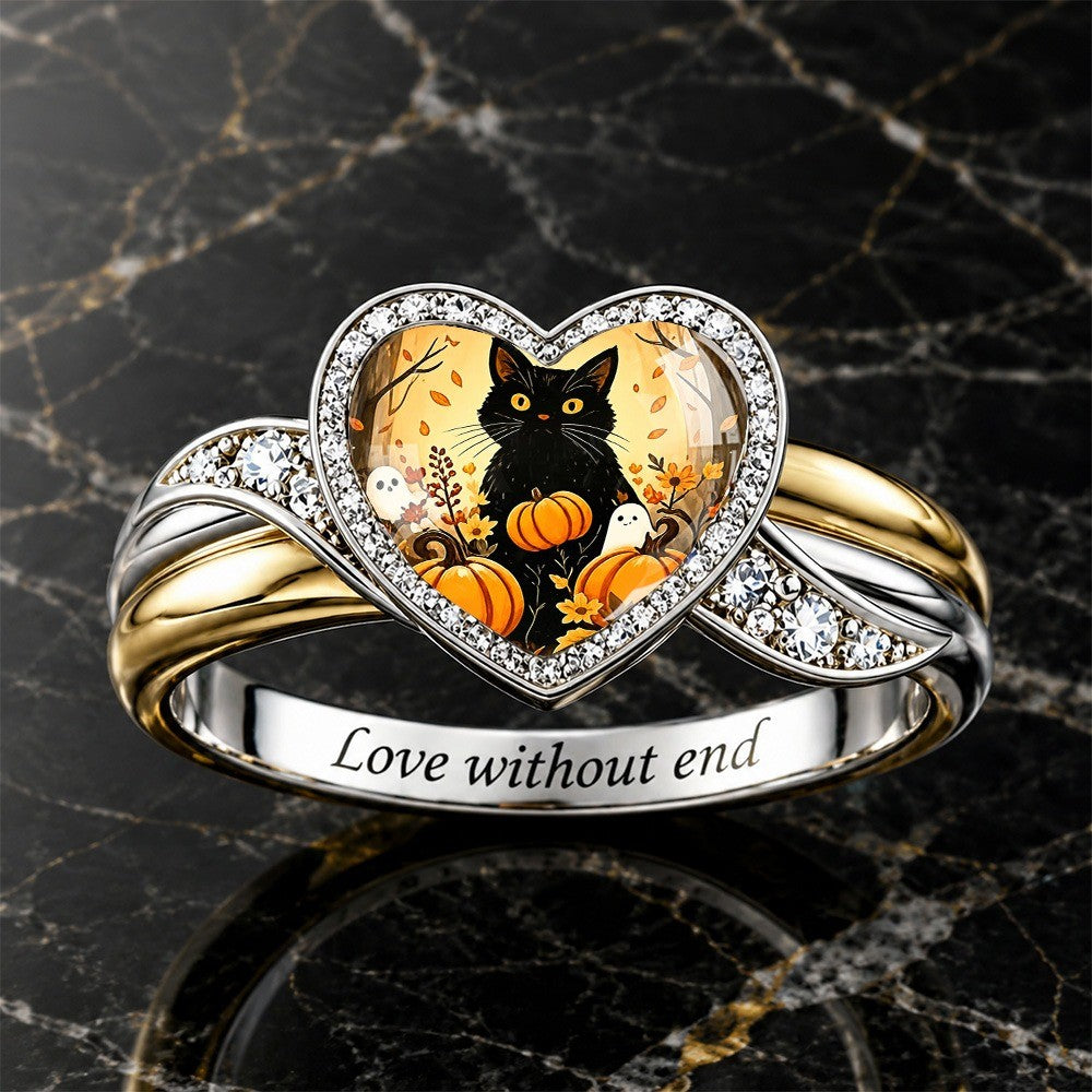 Black Cat Pumpkin Heart Ring