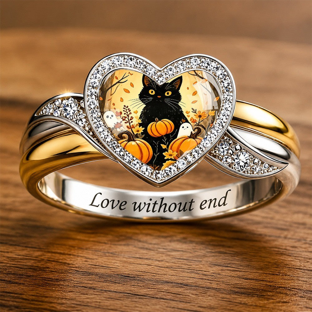 Black Cat Pumpkin Heart Ring