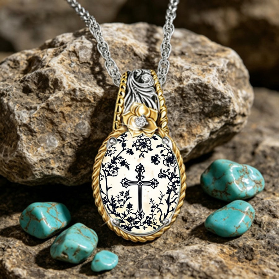 Floral Cross Cameo Pendant Necklace