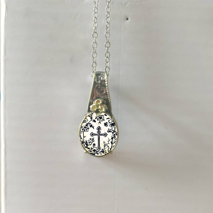 Floral Cross Cameo Pendant Necklace