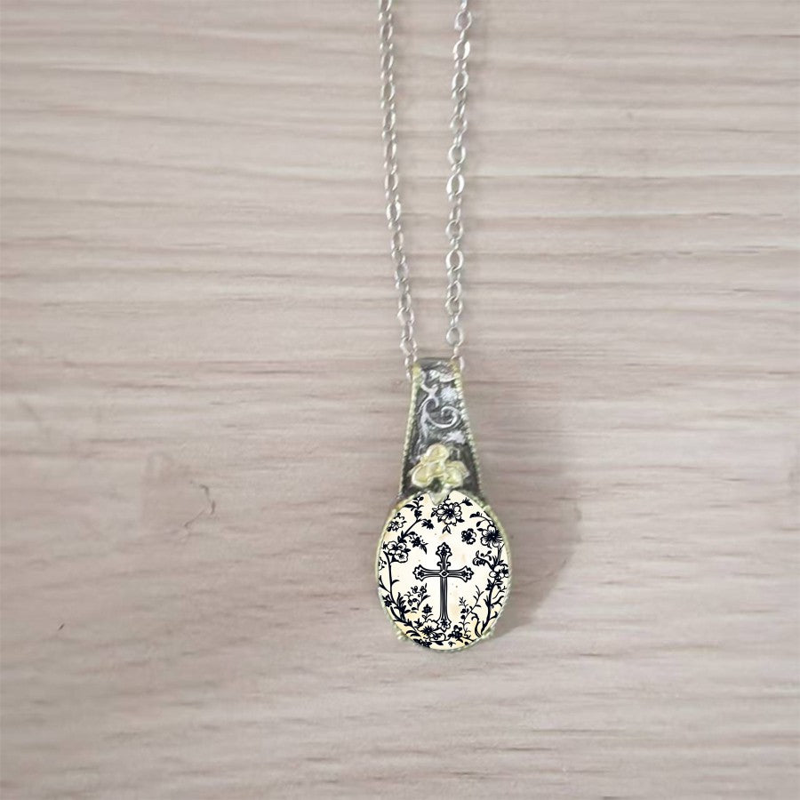 Floral Cross Cameo Pendant Necklace