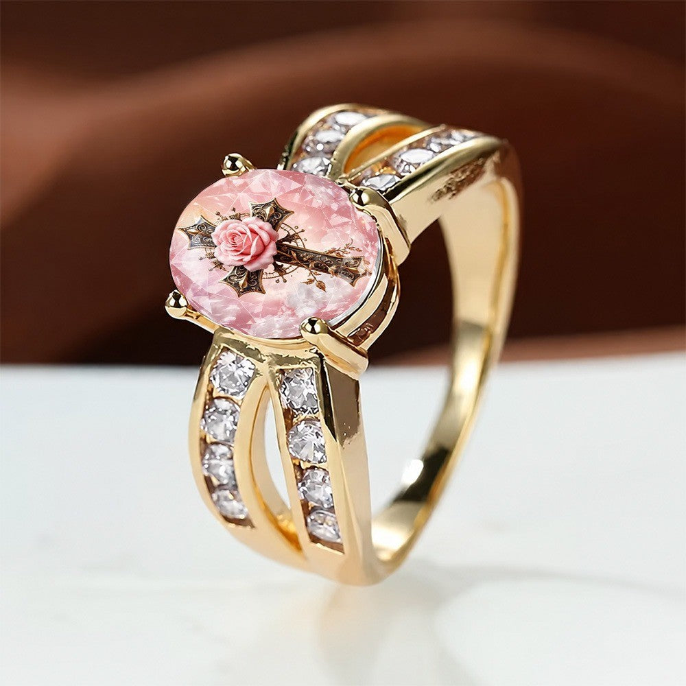 Pink Rose Cross Oval Ring