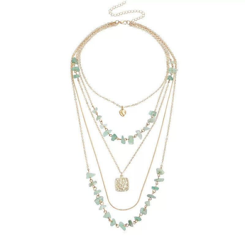 Green Chip Stone & Square Pendant Layered Necklace