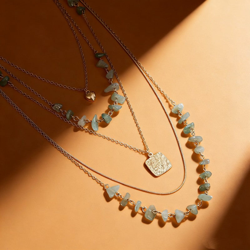 Green Chip Stone & Square Pendant Layered Necklace
