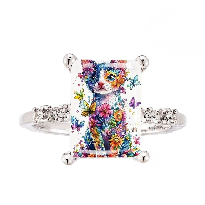 Colorful Cat & Butterfly Square Ring