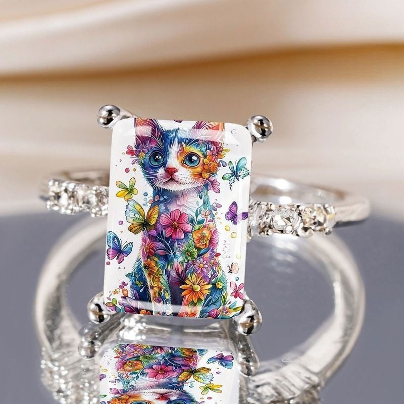 Colorful Cat & Butterfly Square Ring