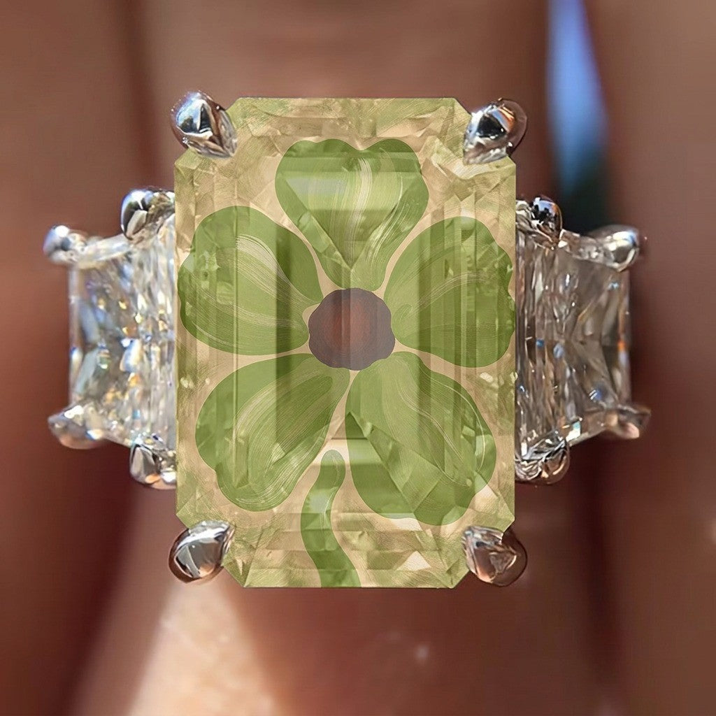 Green Floral Square Ring