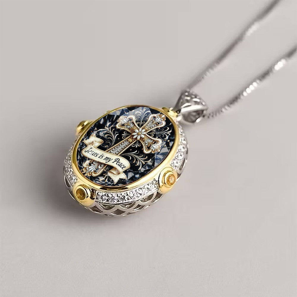 Ornate Cross & Scripture Oval Necklace