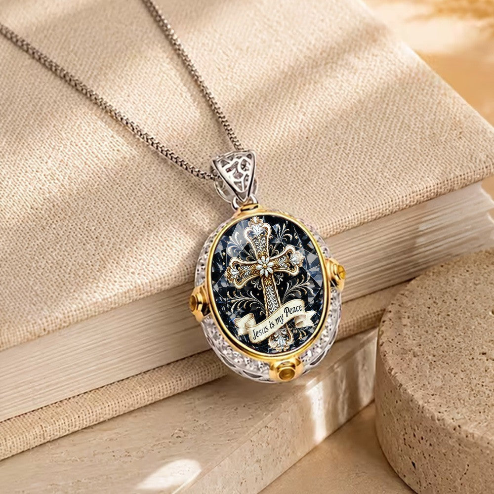 Ornate Cross & Scripture Oval Necklace