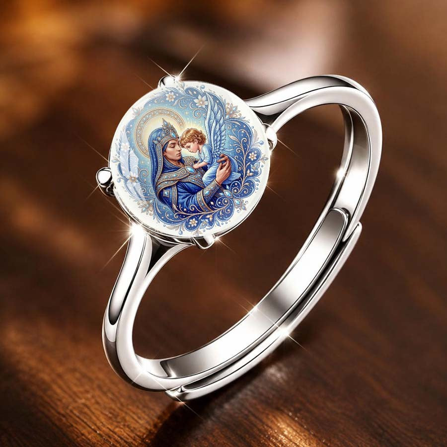 Blue Virgin Mary & Angel Medallion Ring