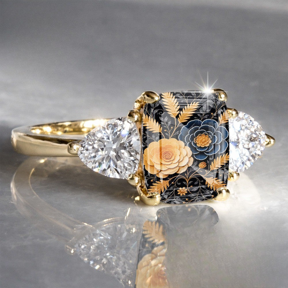 Black Floral Three-Stone Ring