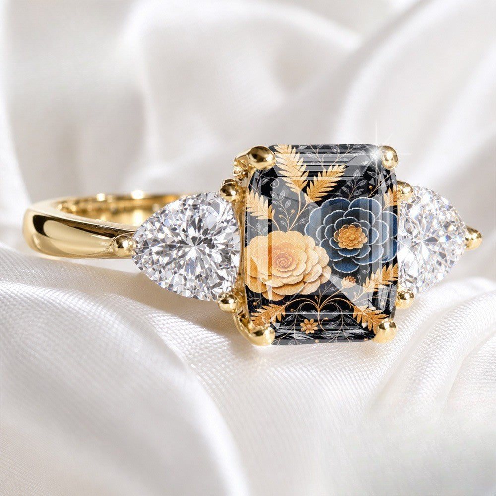 Black Floral Three-Stone Ring