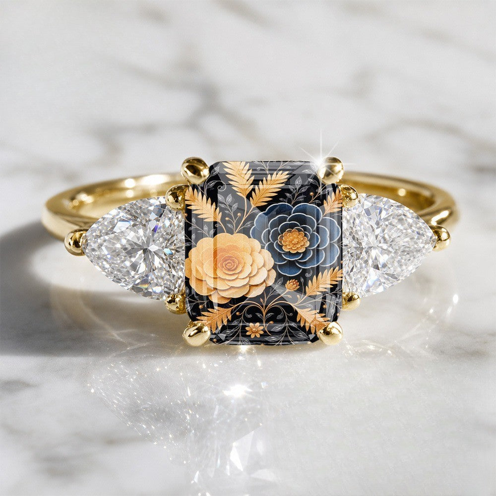 Black Floral Three-Stone Ring