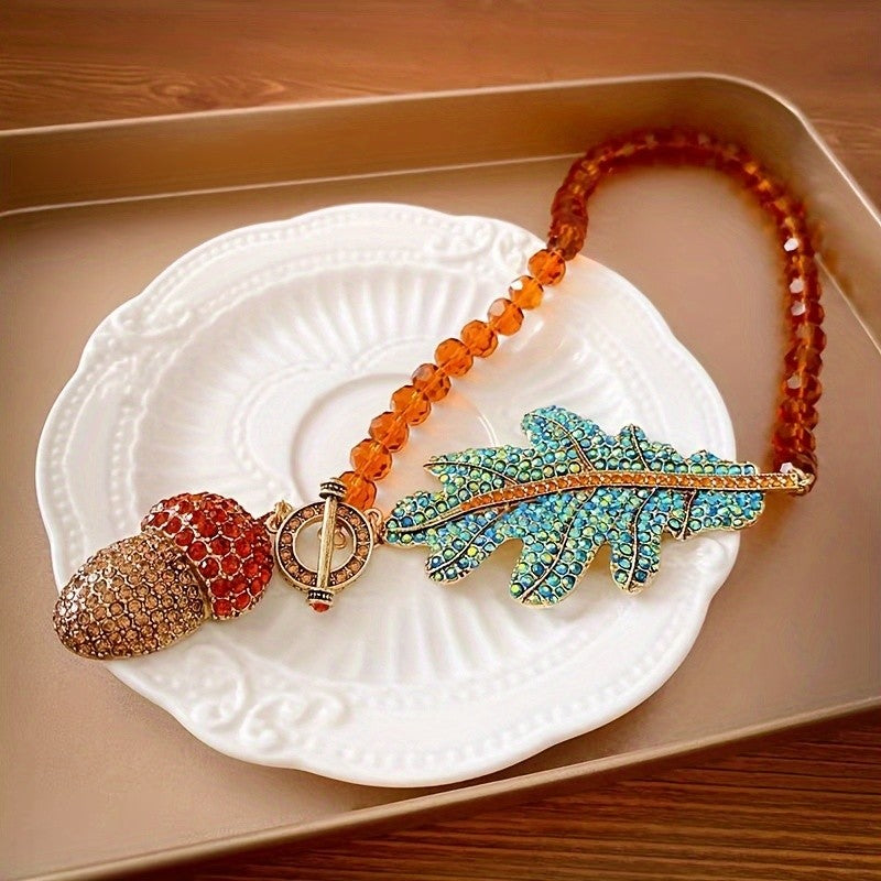 Teal Leaf & Acorn Necklace