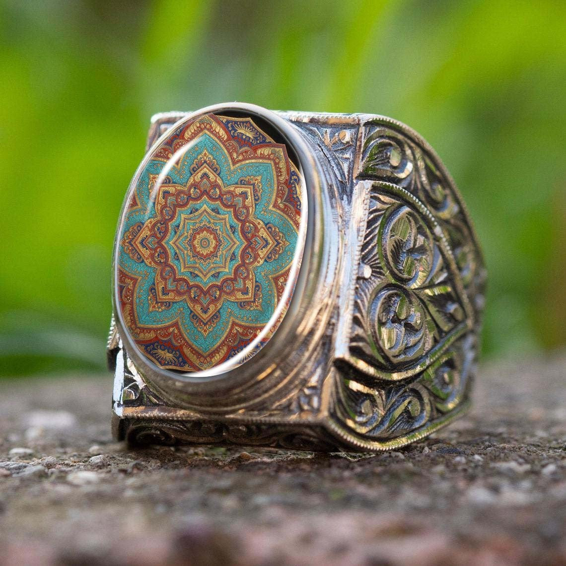 Teal Mandala Carved Ring