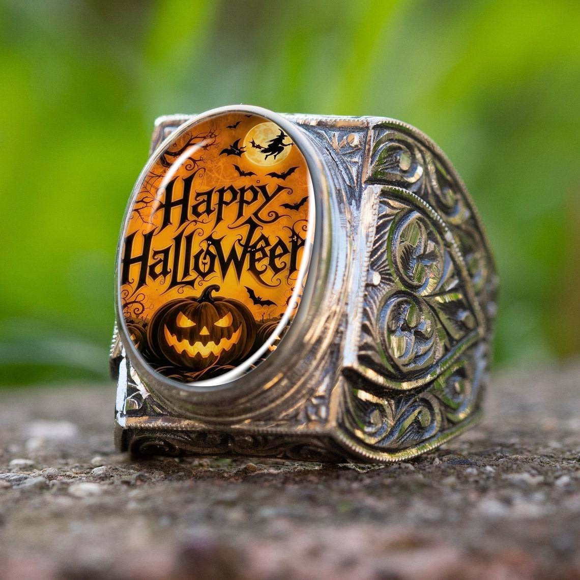 Halloween Pumpkin & Bat Oval Ring