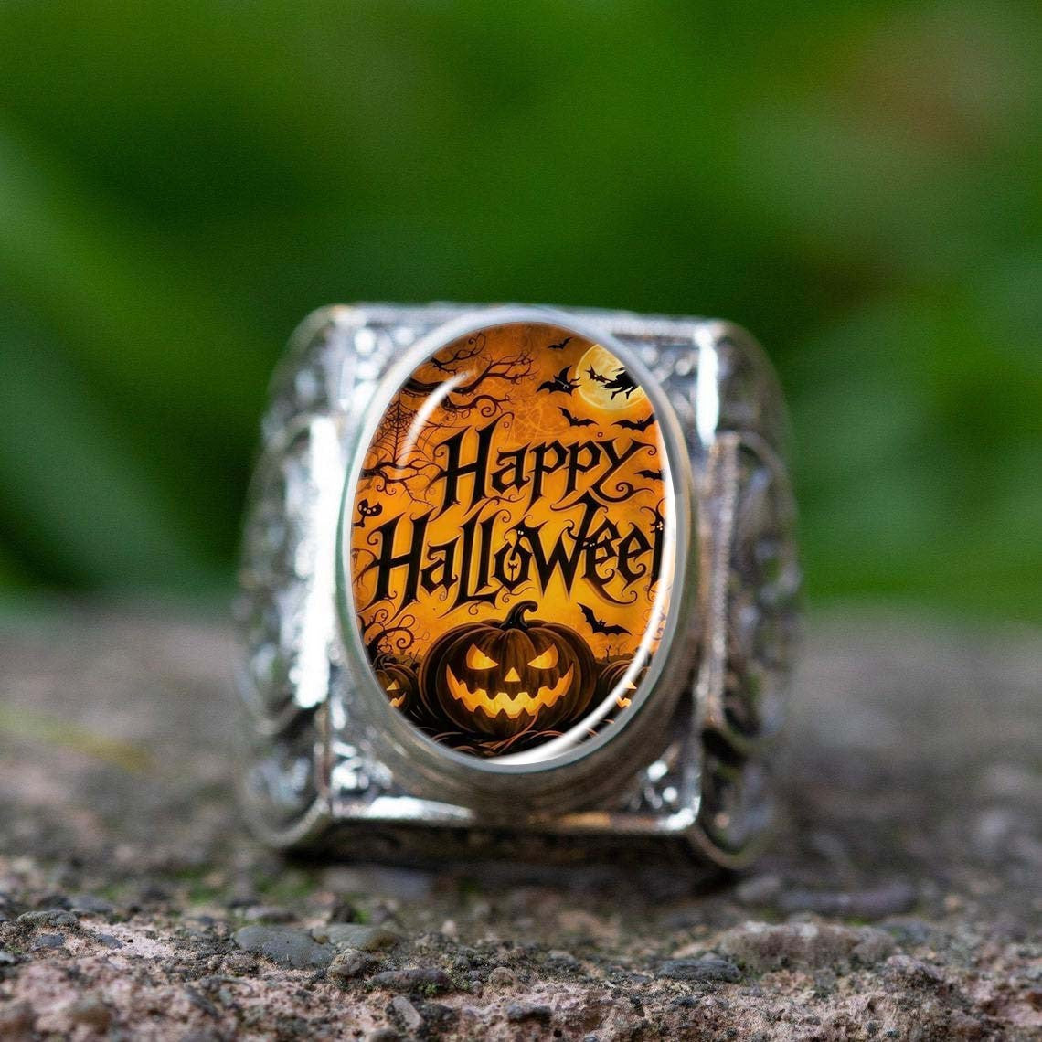 Halloween Pumpkin & Bat Oval Ring
