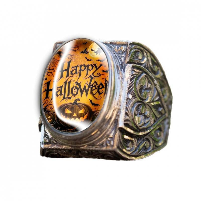 Halloween Pumpkin & Bat Oval Ring